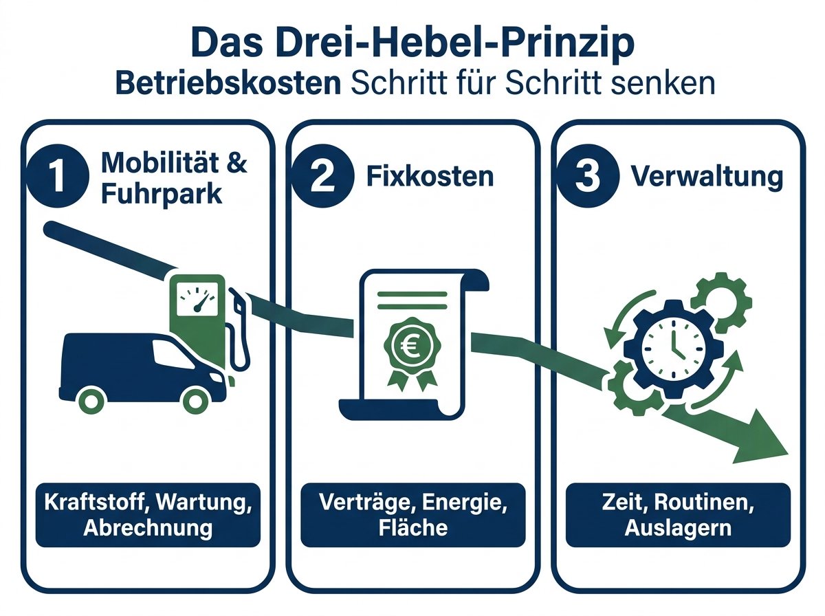Infografik: Drei-Hebel-Prinzip zum Senken der Betriebskosten – Mobilität, Fixkosten, Verwaltung