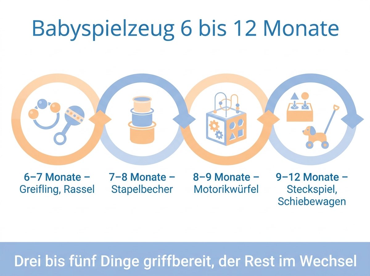 Infografik: Entwicklungsstufen und passendes Babyspielzeug von 6 bis 12 Monaten