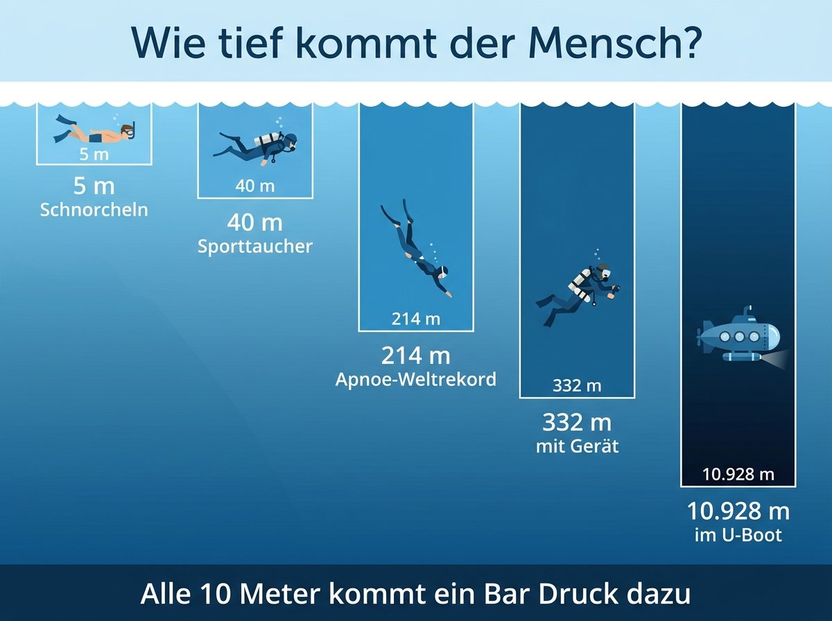 Infografik: Tauchtiefen von Schnorcheln bis zum Marianengraben