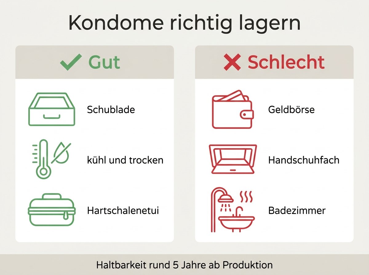 Infografik: Haltbarkeit und richtige Lagerung von Kondomen