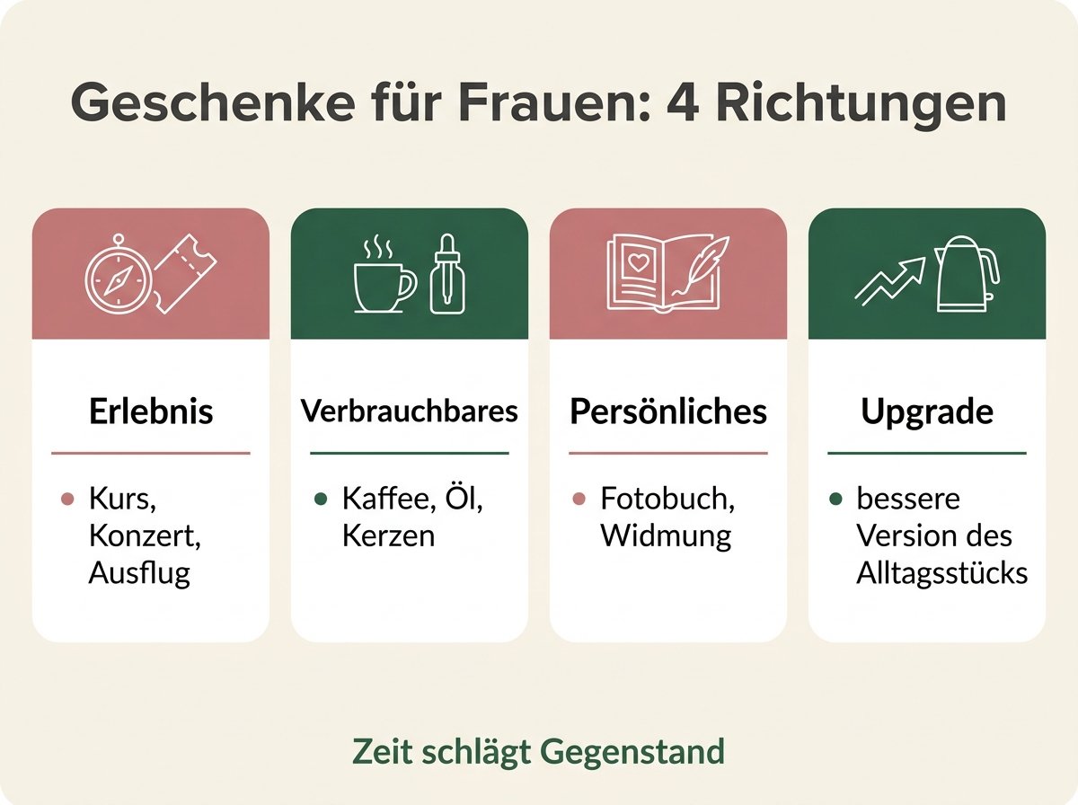 Infografik: Vier Richtungen für Geschenke für Frauen mit Beispielen