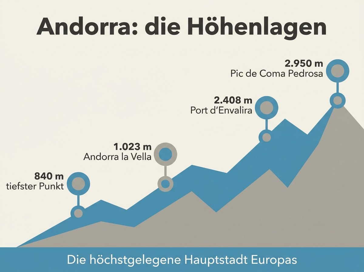 Infografik: Höhenprofil Andorras vom tiefsten bis zum höchsten Punkt
