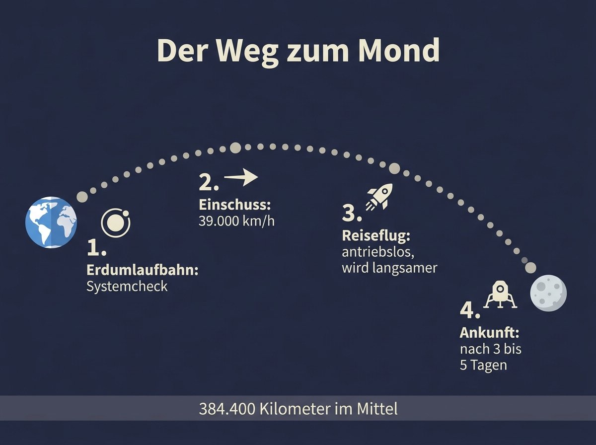 Infografik: Der Weg zum Mond in vier Phasen