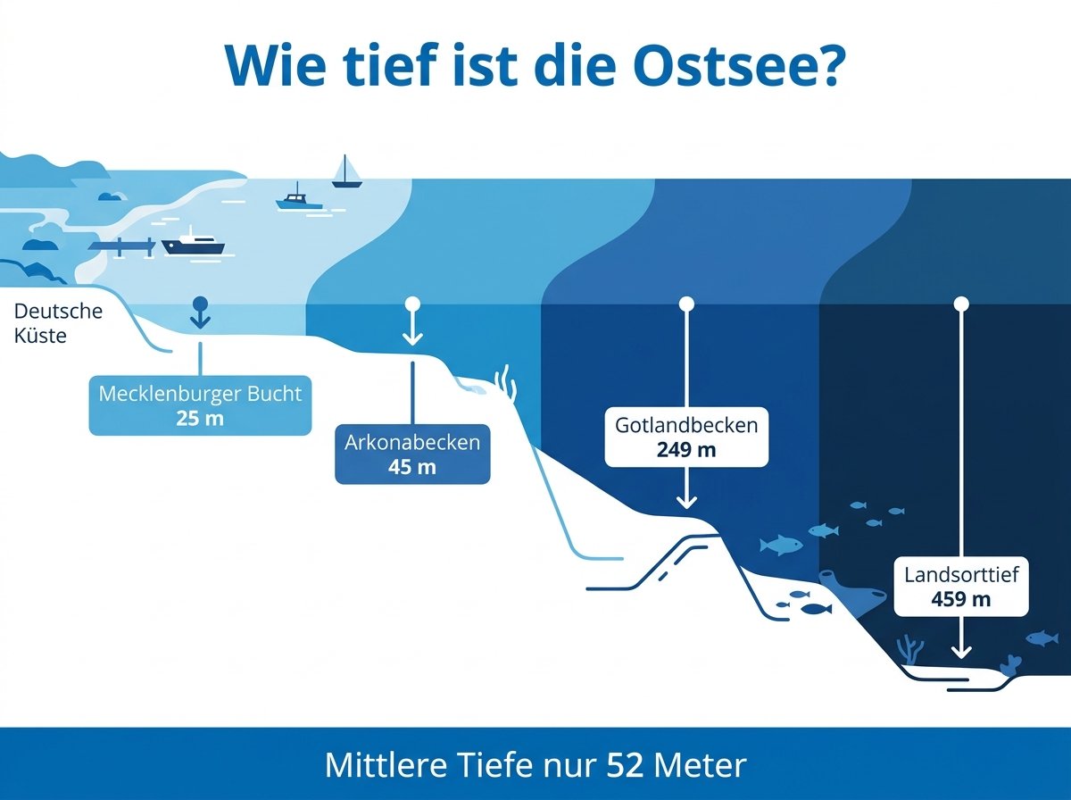 Infografik: Tiefenprofil der Ostsee von der deutschen Küste bis zum Landsorttief