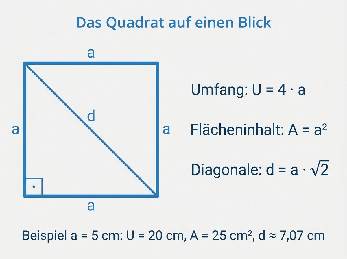 Infografik: Formeln und Eigenschaften des Quadrats