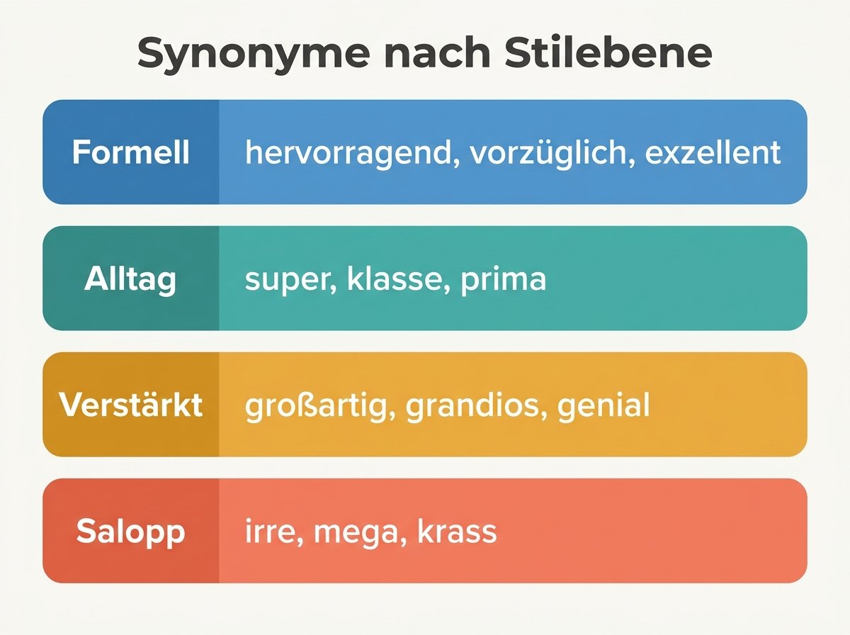 Infografik: Synonyme für toll nach Stilebene sortiert