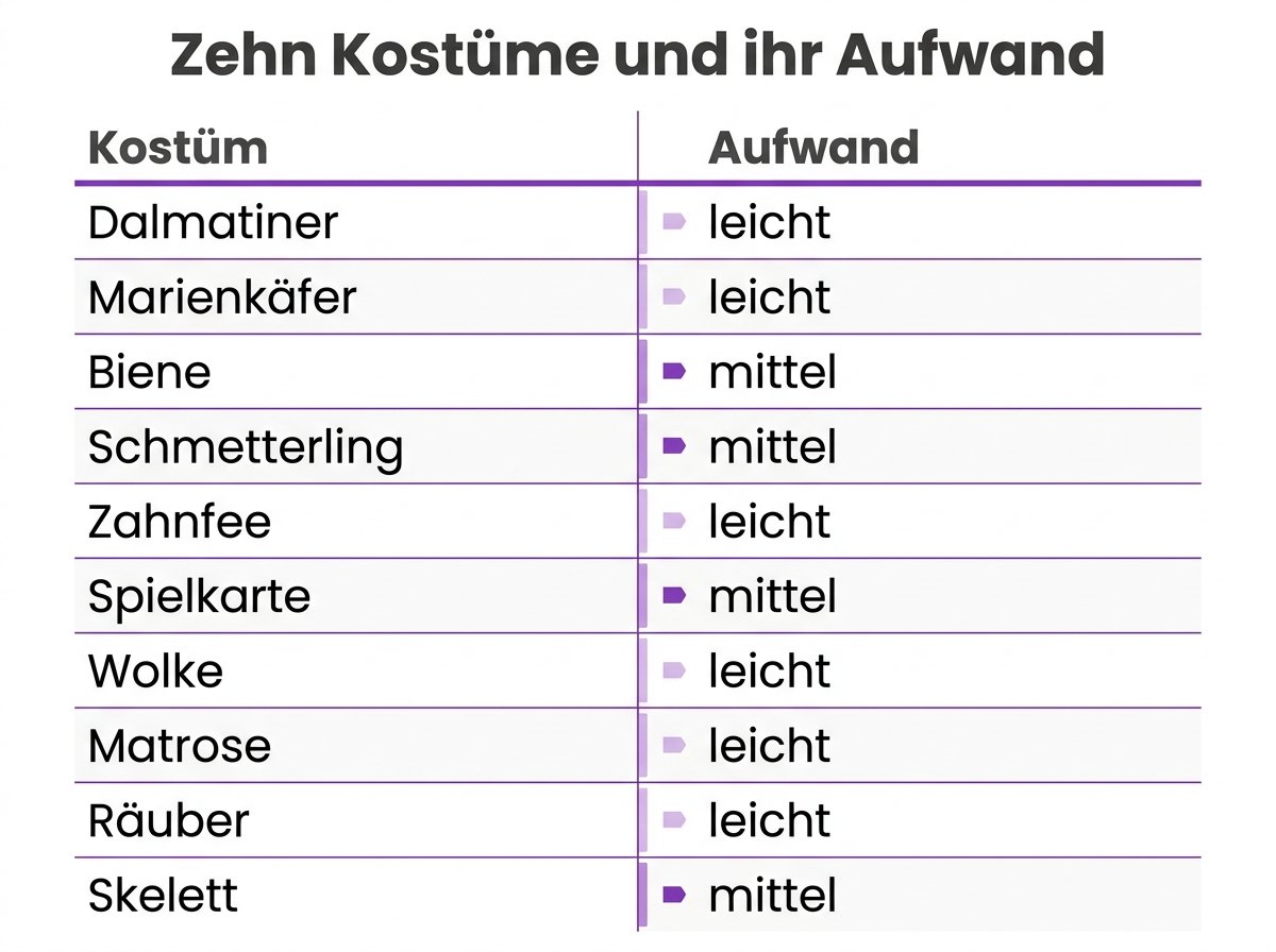 Infografik: Zehn Kostümideen mit Material und Aufwand