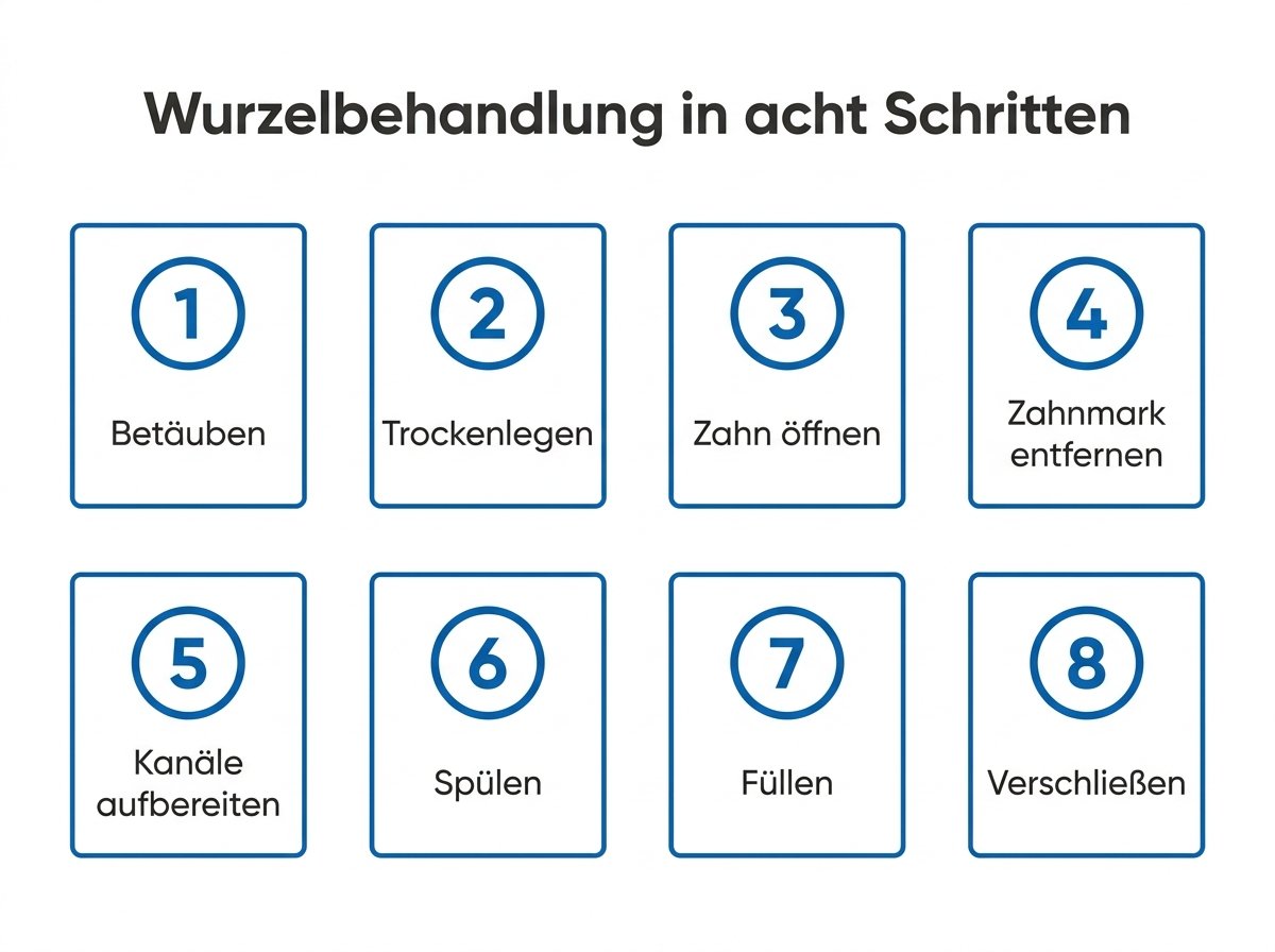 Infografik: Die acht Schritte einer Wurzelbehandlung