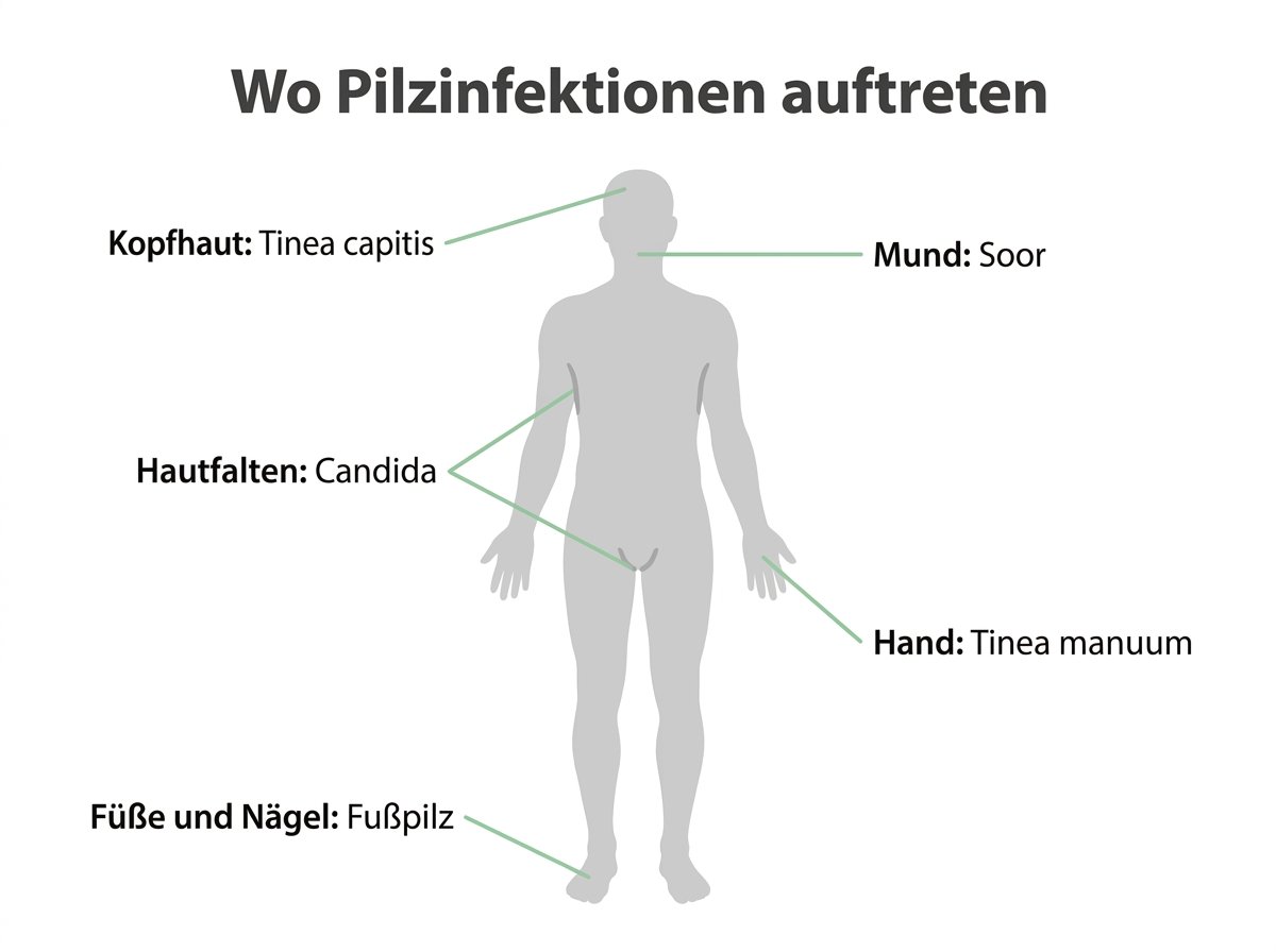 Infografik: Pilzinfektionen nach Körperstelle und typischem Erreger