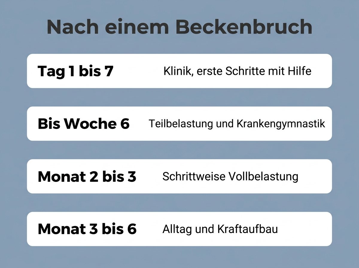 Infografik: Ablauf nach einem Beckenbruch von der Aufnahme bis zur Reha