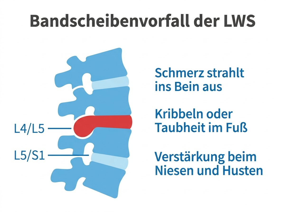 Infografik: Bandscheibenvorfall der LWS, betroffene Höhen und Ausstrahlung