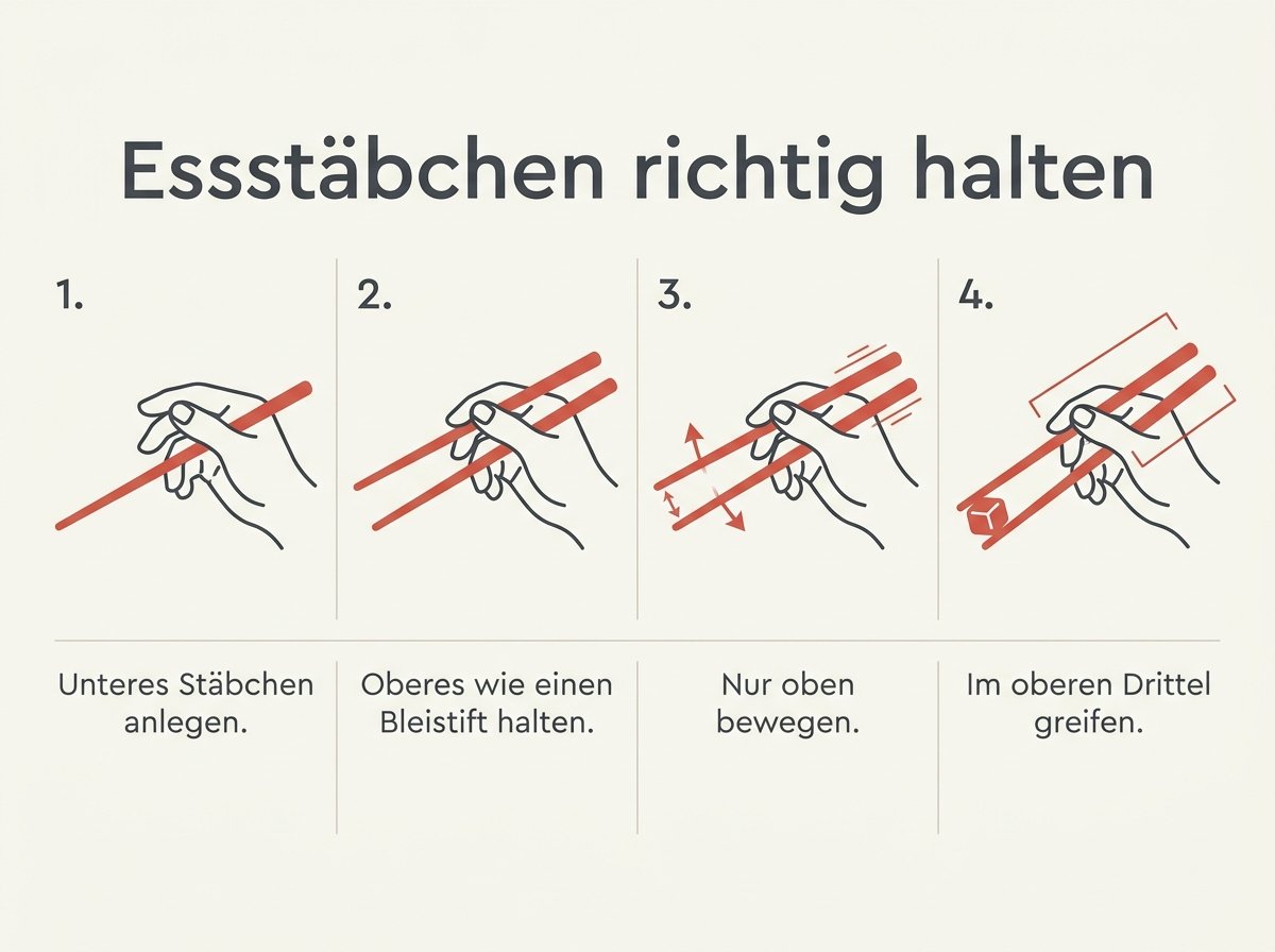 Infografik: Essstäbchen richtig halten in vier Schritten