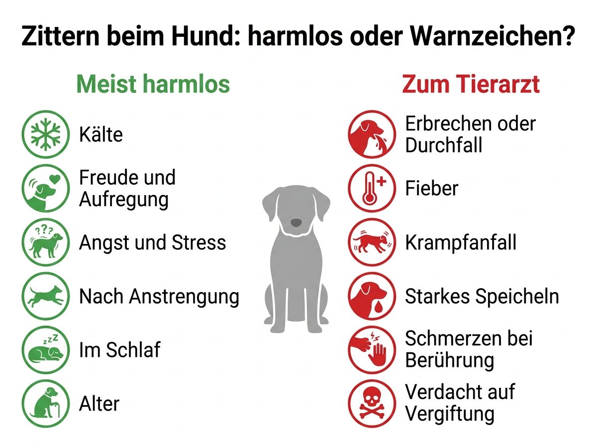 Infografik: Zittern beim Hund, harmlose Ursachen und Warnzeichen im Vergleich