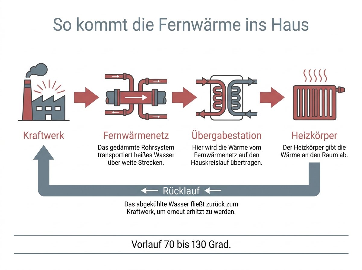 Infografik: Der Weg der Fernwärme vom Kraftwerk ins Haus