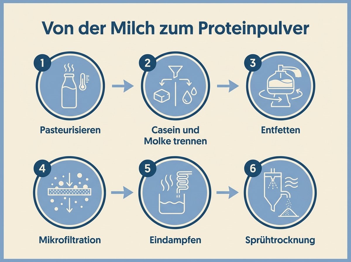 Infografik: Von der Milch zum Proteinpulver in sechs Schritten