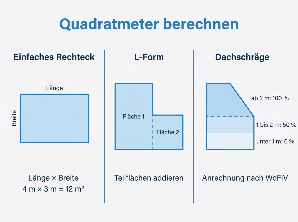 Infografik: Quadratmeter berechnen bei Rechteck, L-Form und Dachschräge