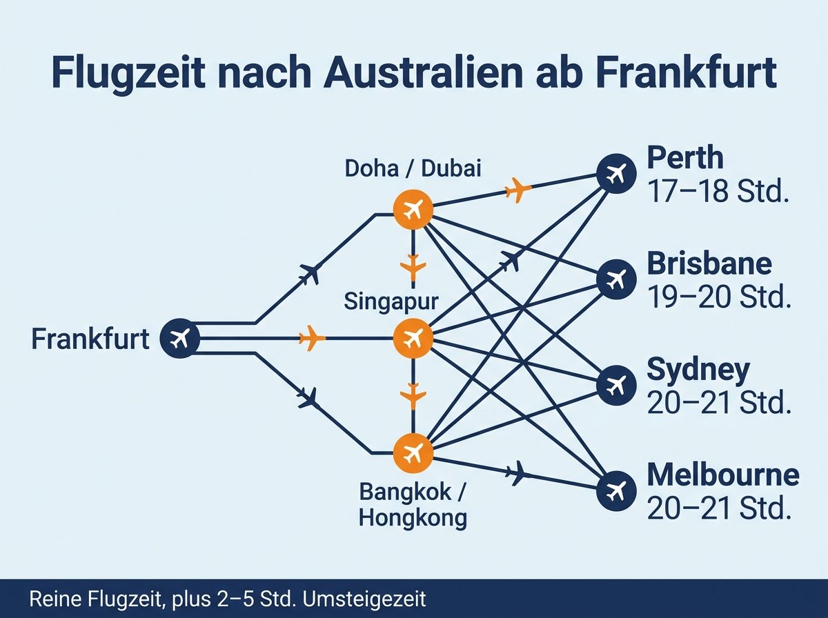 Infografik: Flugzeit nach Australien je nach Zielstadt und Umsteigeflughafen