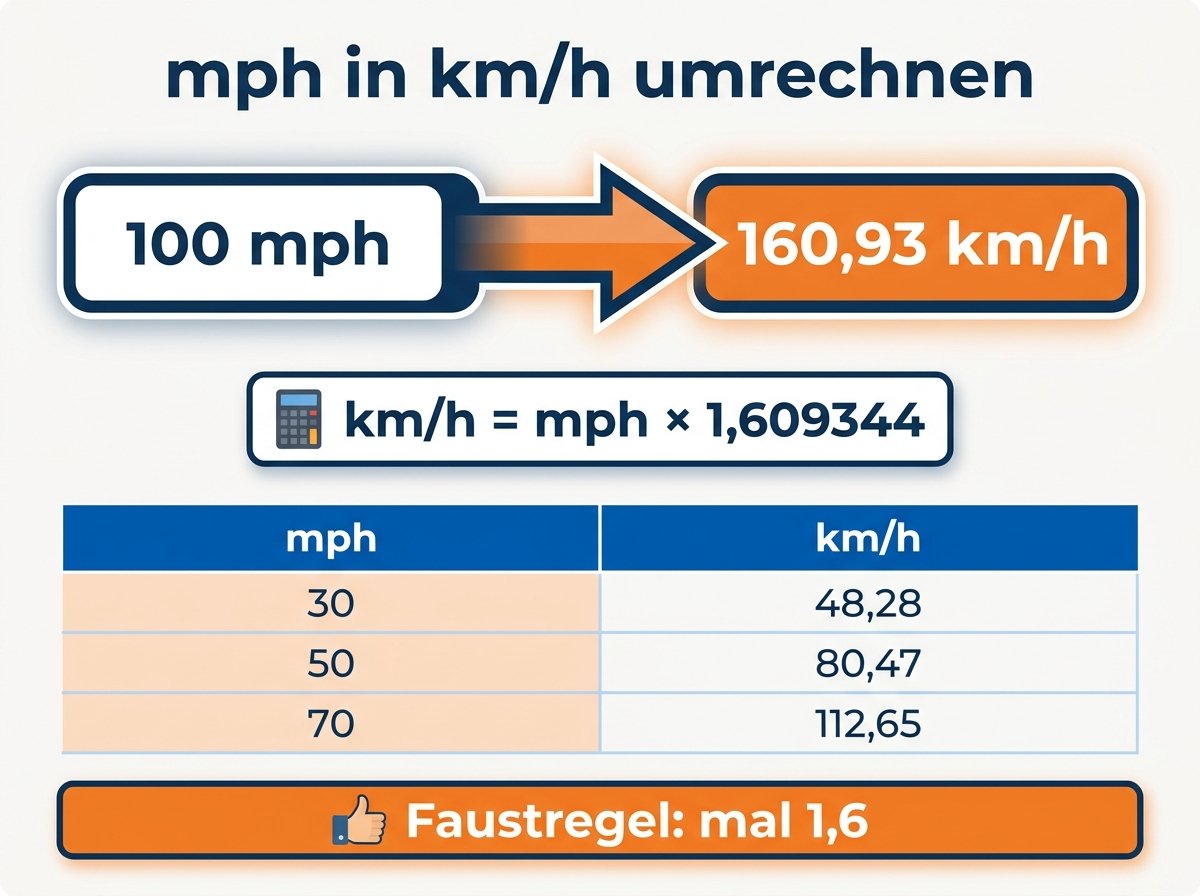 Infografik: Umrechnung von Meilen pro Stunde in Kilometer pro Stunde