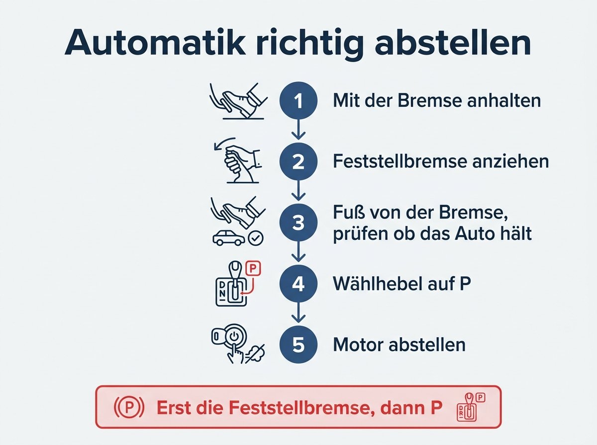 Infografik: Richtige Reihenfolge beim Parken eines Automatikfahrzeugs