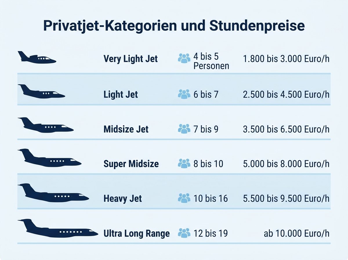 Infografik: Privatjet-Kategorien mit Reichweite und Stundenpreisen