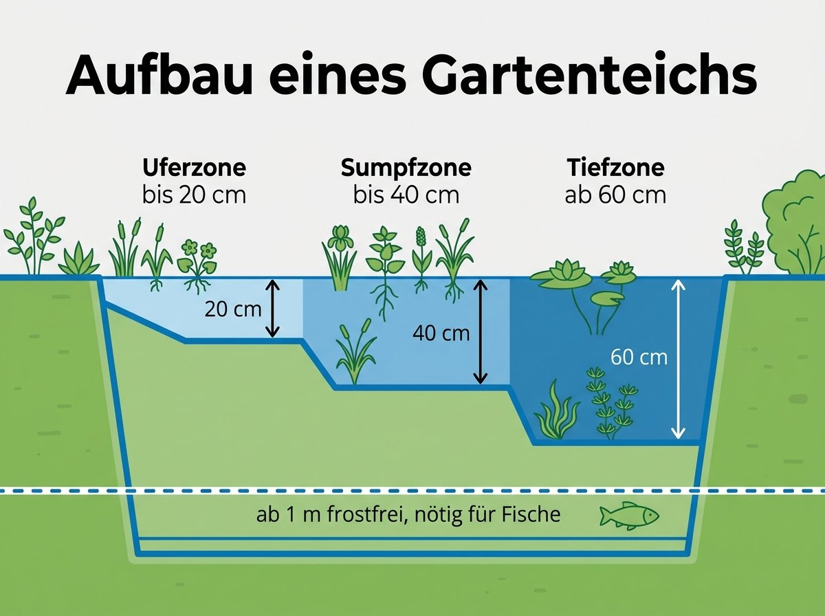 Infografik: Aufbau eines Gartenteichs mit Uferzone, Sumpfzone und Tiefzone