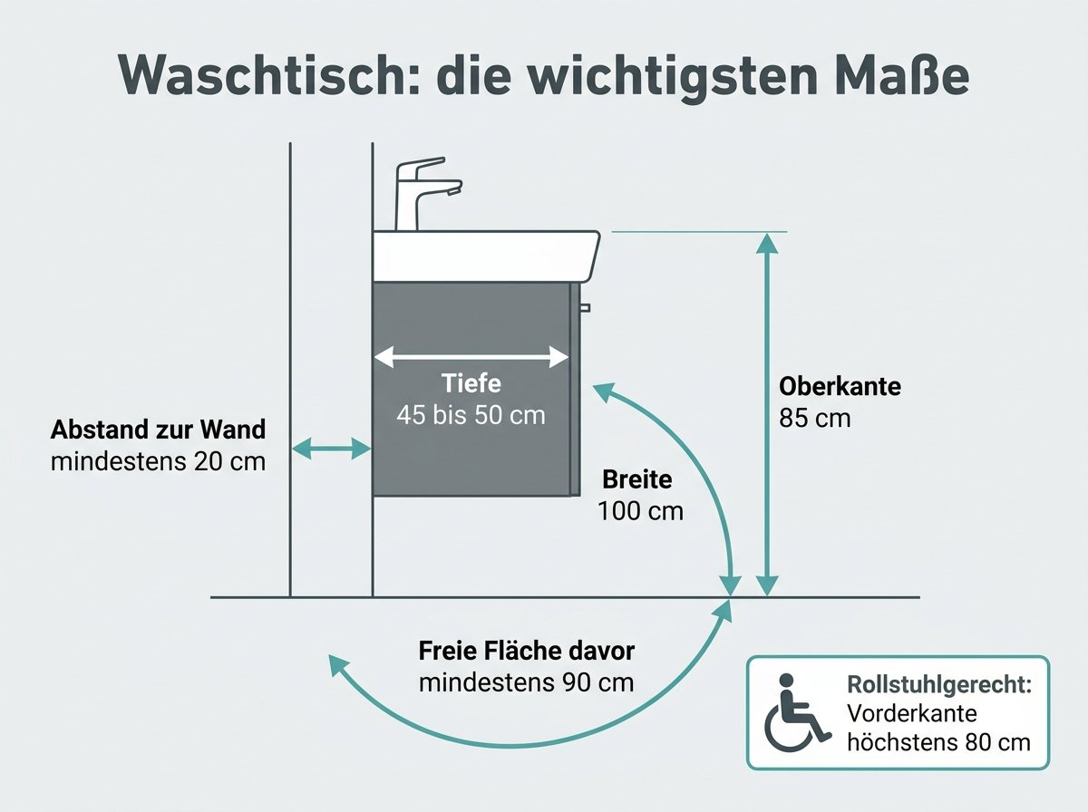 Infografik: Maße und Montagehöhen für einen Waschtisch mit Unterschrank