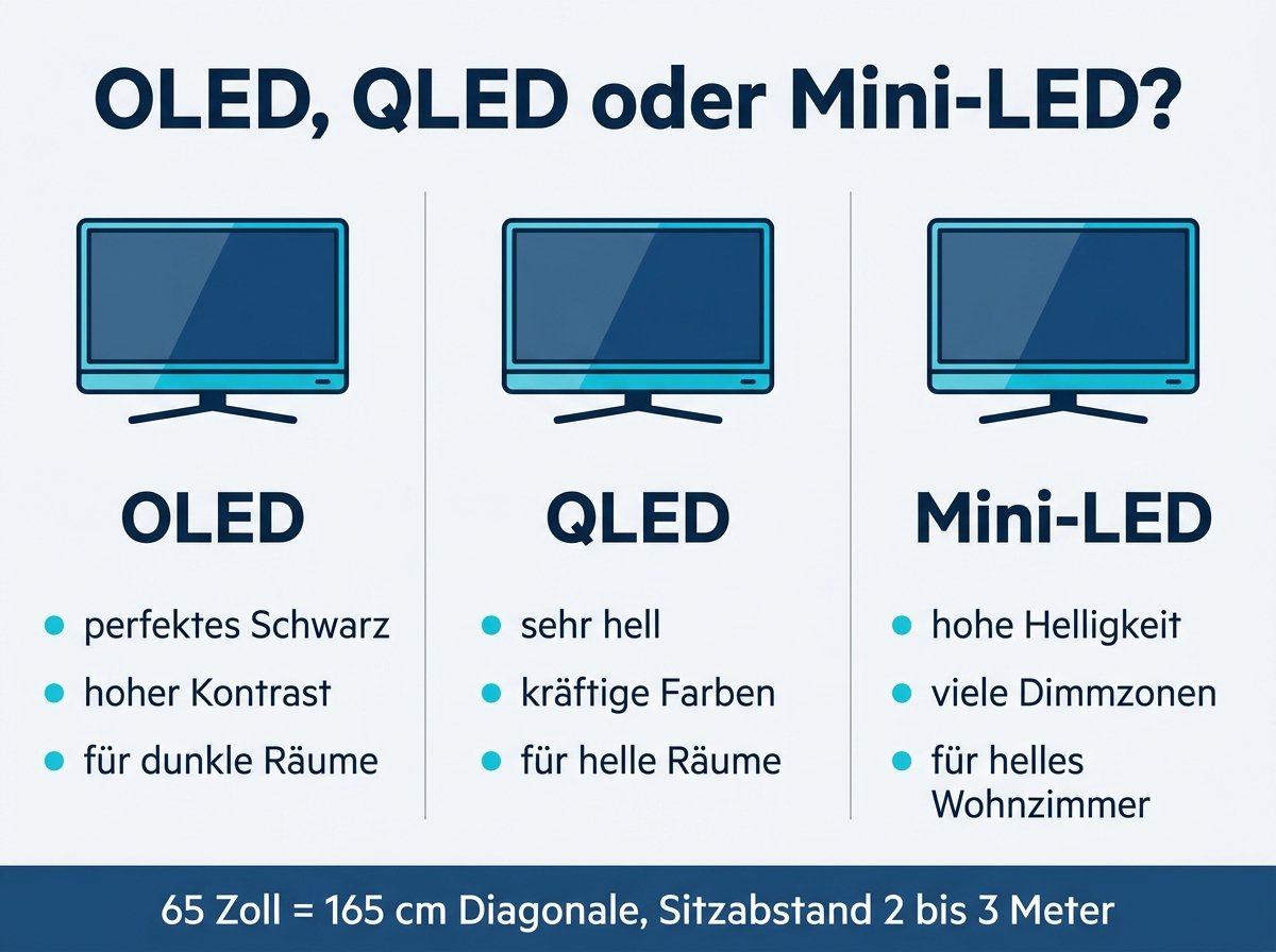 Infografik: Vergleich von OLED, QLED und Mini-LED bei 65 Zoll