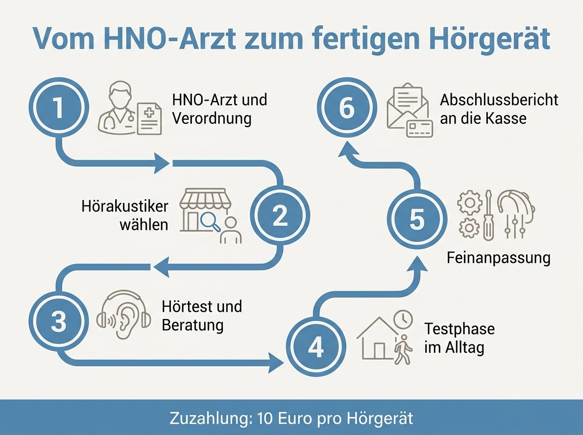 Infografik: Ablauf von der Diagnose bis zum fertig angepassten Hörgerät