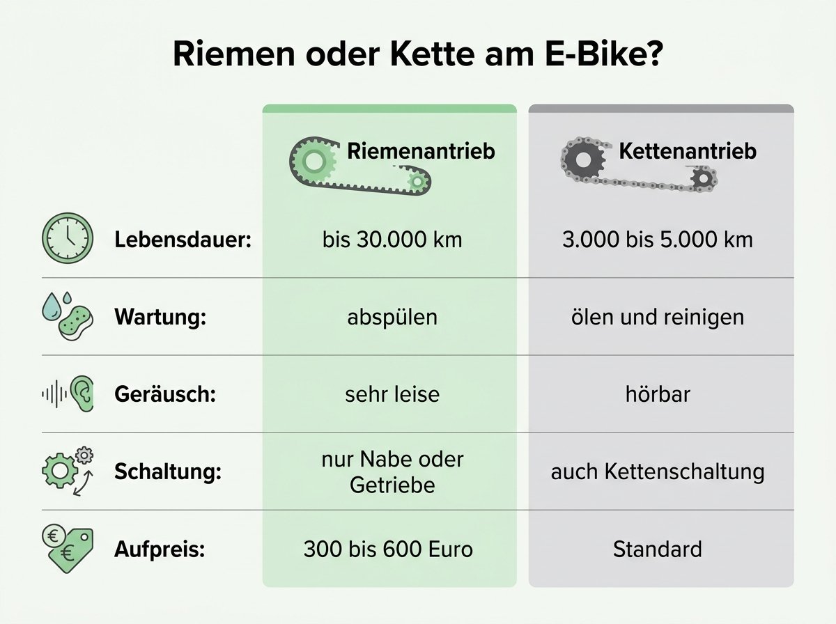 Infografik: Riemenantrieb und Kettenantrieb im direkten Vergleich