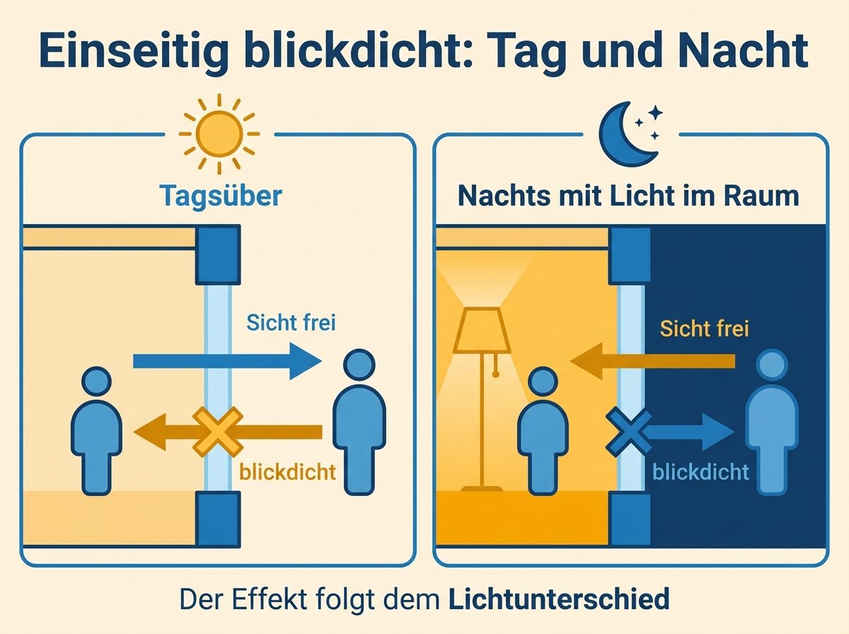 Infografik: Sichtschutzfolie am Fenster bei Tag und bei Nacht
