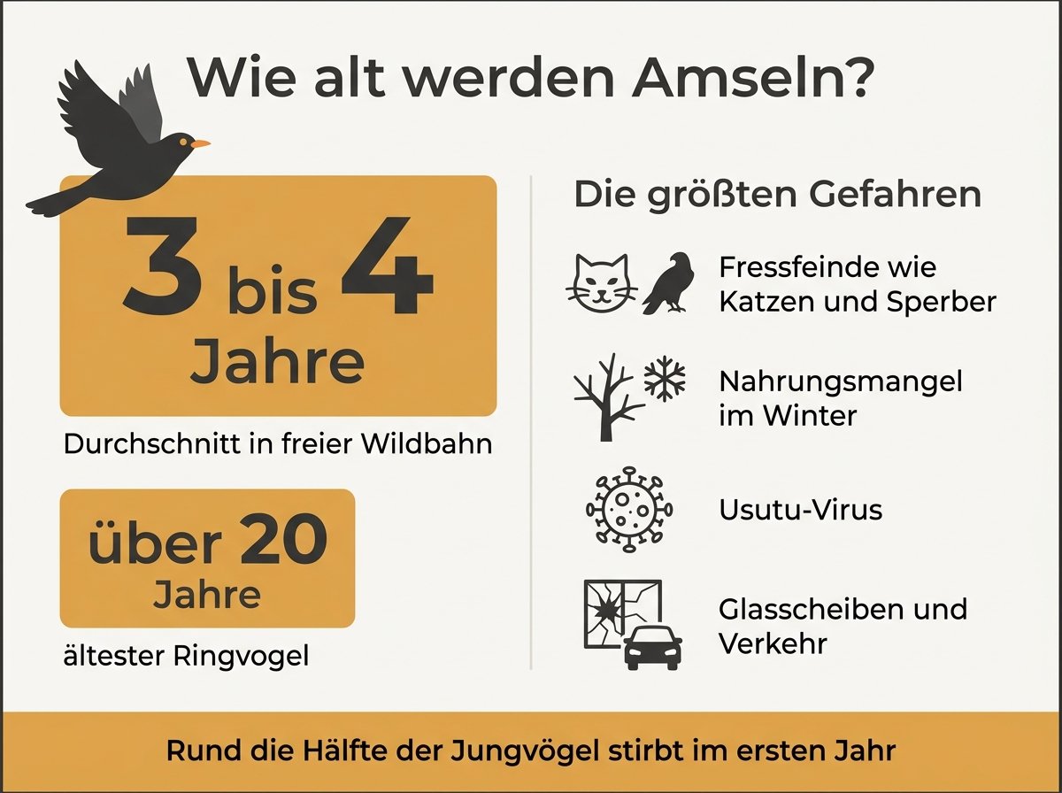 Infografik: Lebenserwartung der Amsel und ihre größten Gefahren