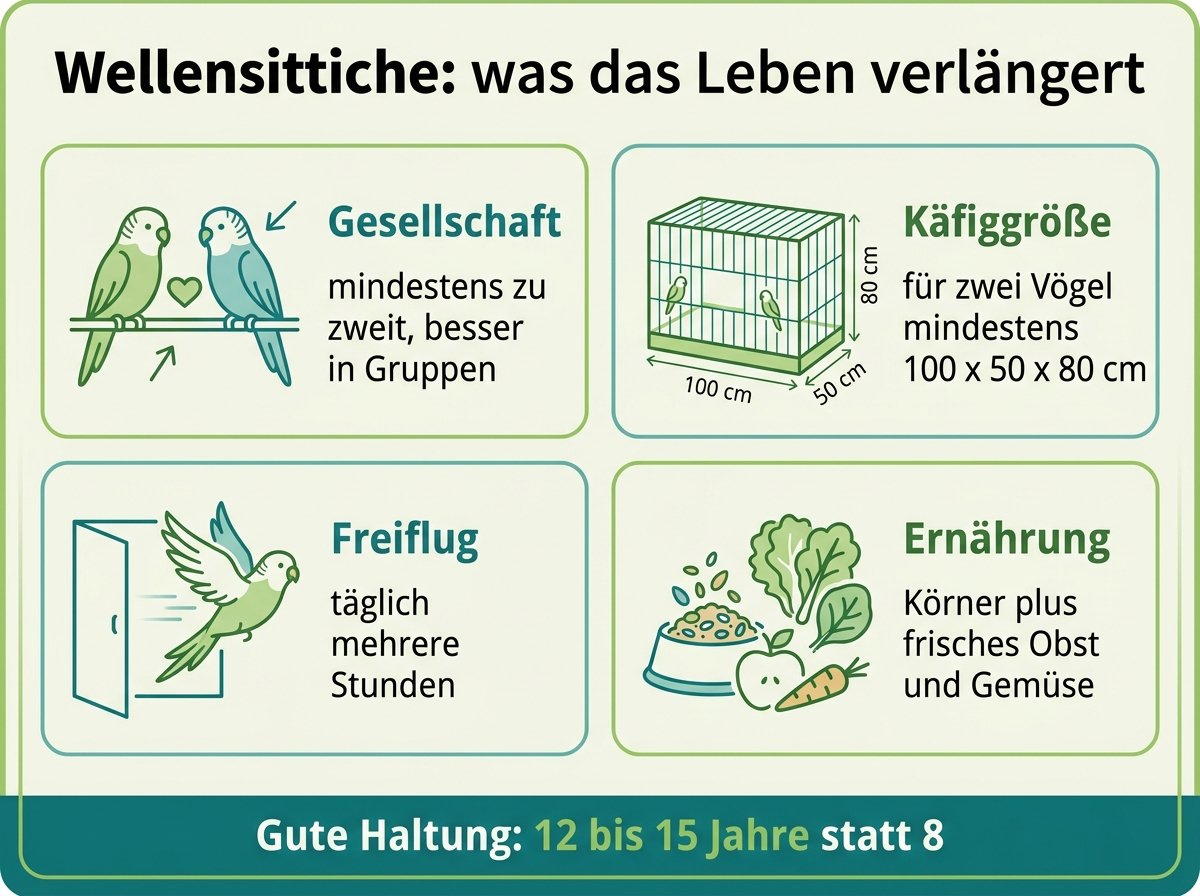 Infografik: Vier Faktoren für ein langes Leben von Wellensittichen