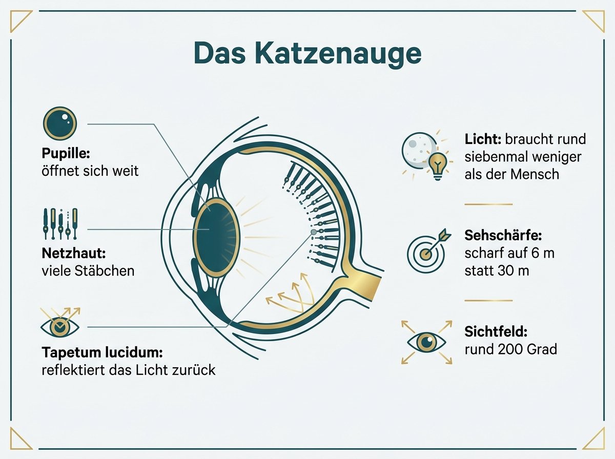 Infografik: Aufbau des Katzenauges und Sehvermögen im Vergleich zum Menschen