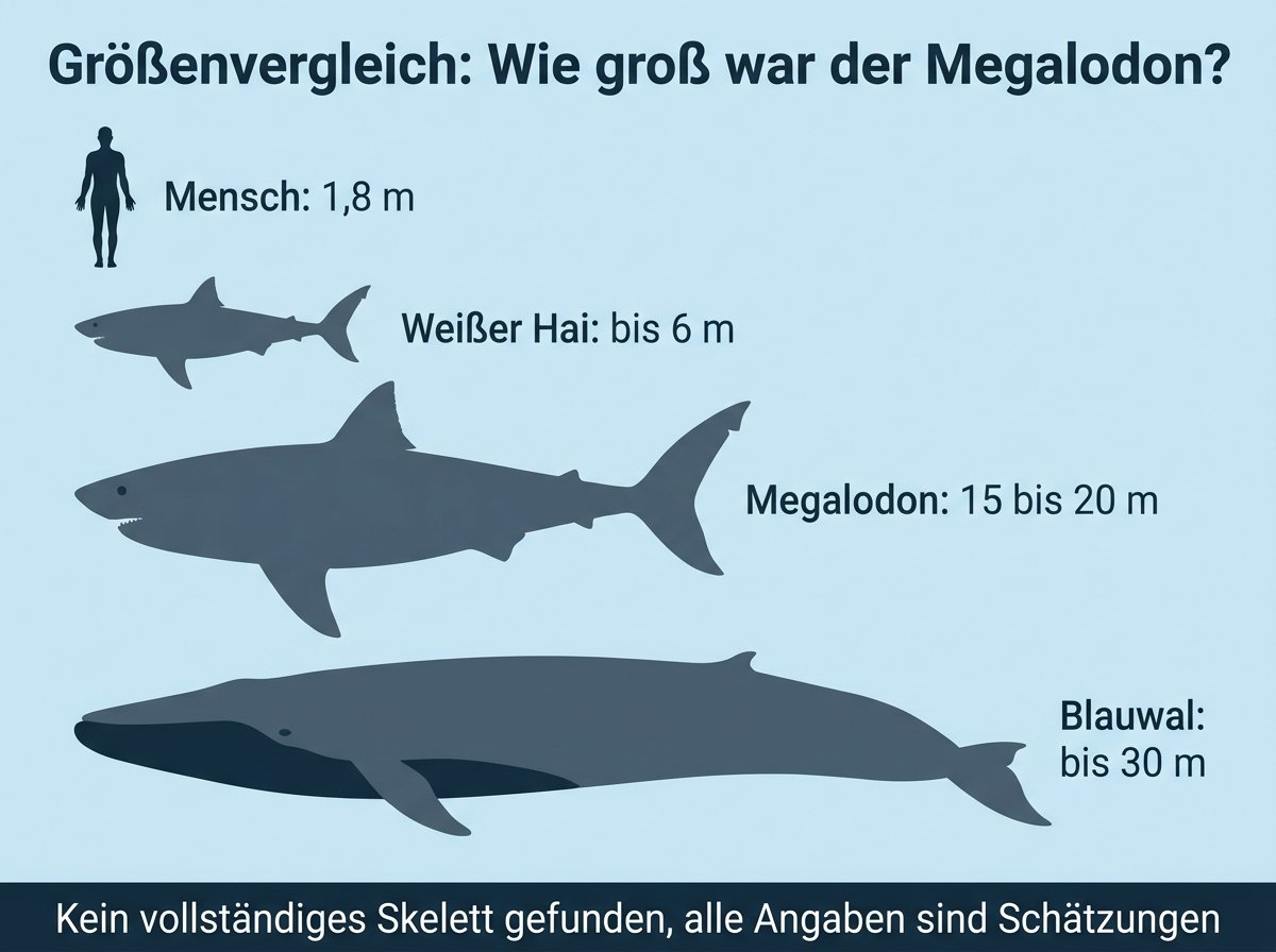 Infografik: Größenvergleich Megalodon, Weißer Hai, Blauwal und Mensch