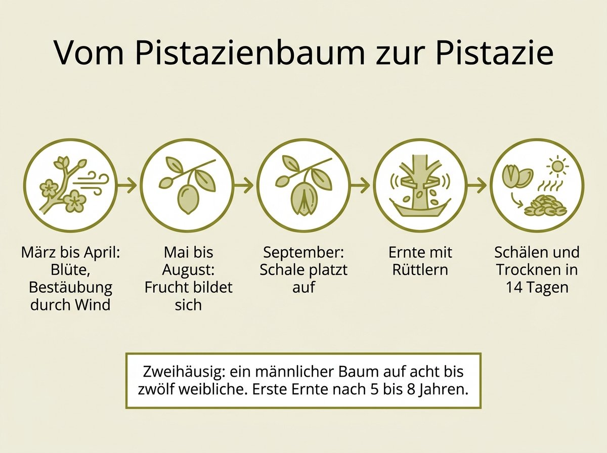 Infografik: Vom Pistazienbaum zur geernteten Pistazie