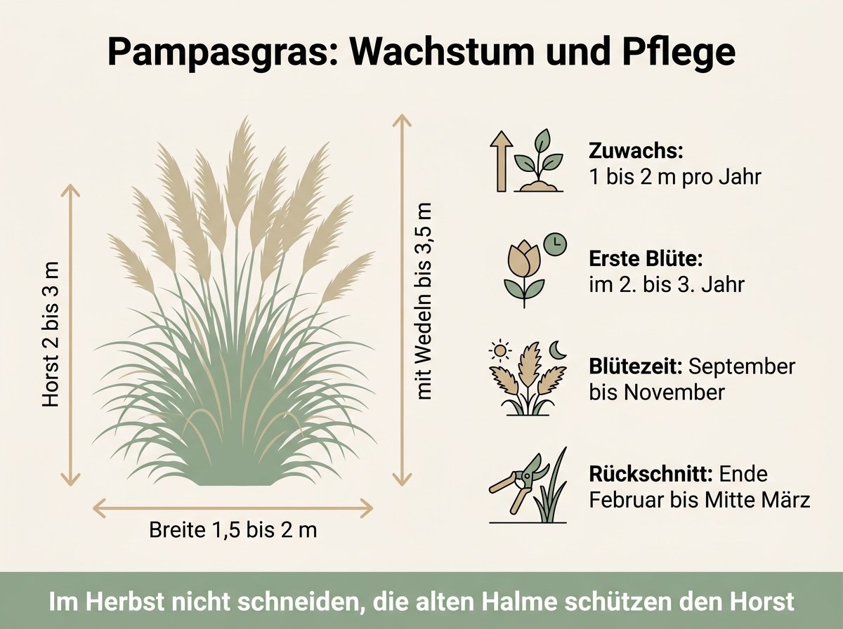 Infografik: Wachstum, Blütezeit und Schnittzeitpunkt von Pampasgras