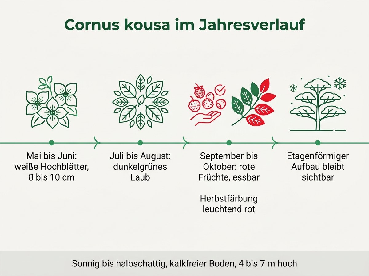 Infografik: Cornus kousa im Jahresverlauf mit Blüte, Früchten und Herbstfärbung