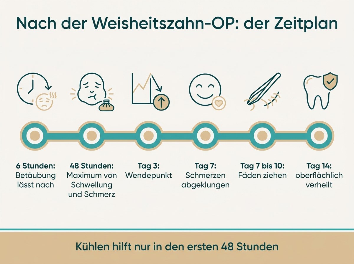 Infografik: Schmerzen und Schwellung nach der Weisheitszahn-OP im Zeitverlauf