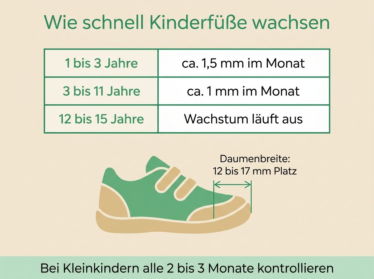 Infografik: Wachstum von Kinderfüßen nach Alter und die richtige Zugabe im Schuh