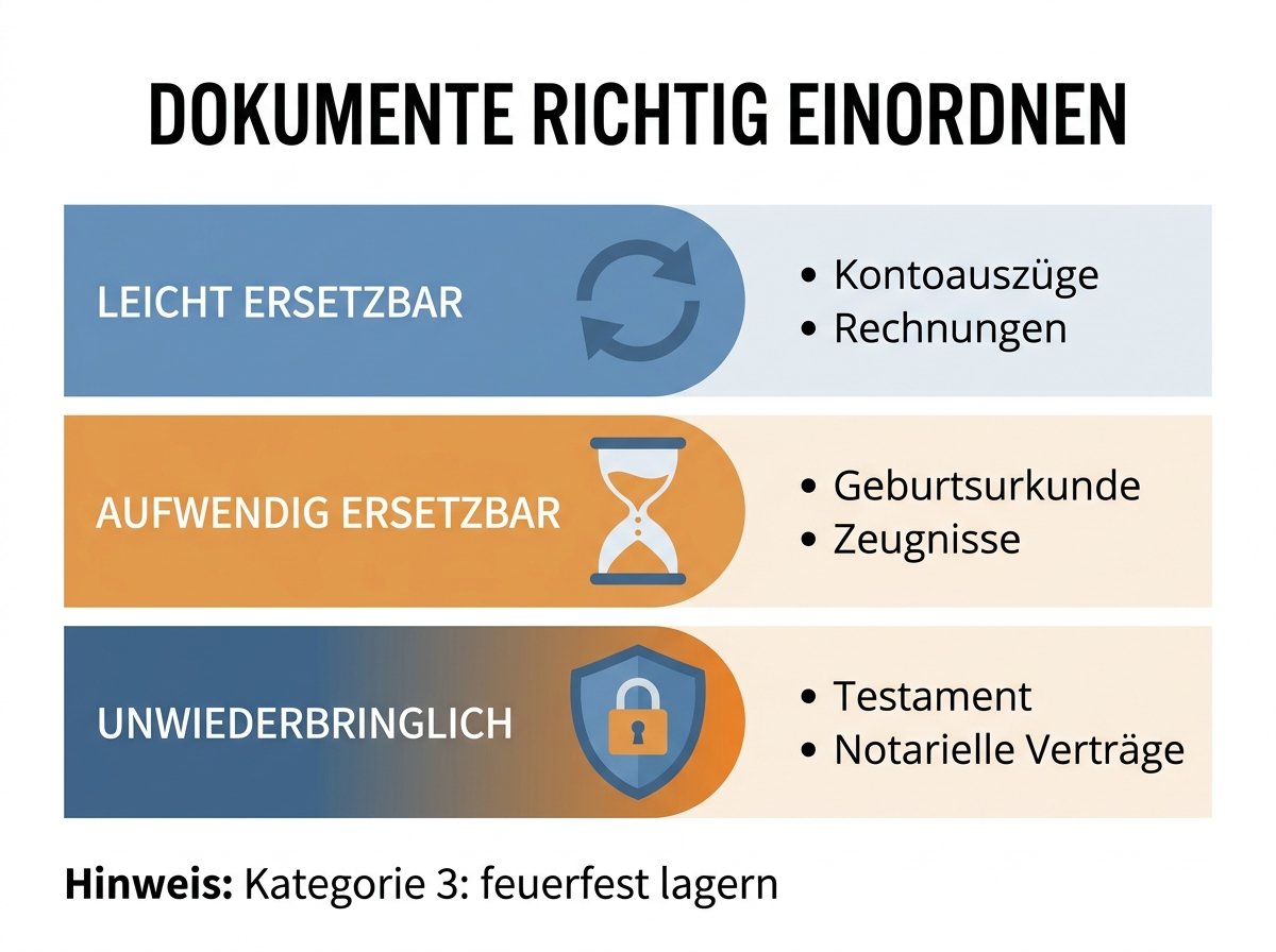Infografik: Dokumente in drei Kategorien von leicht ersetzbar bis unwiederbringlich einteilen