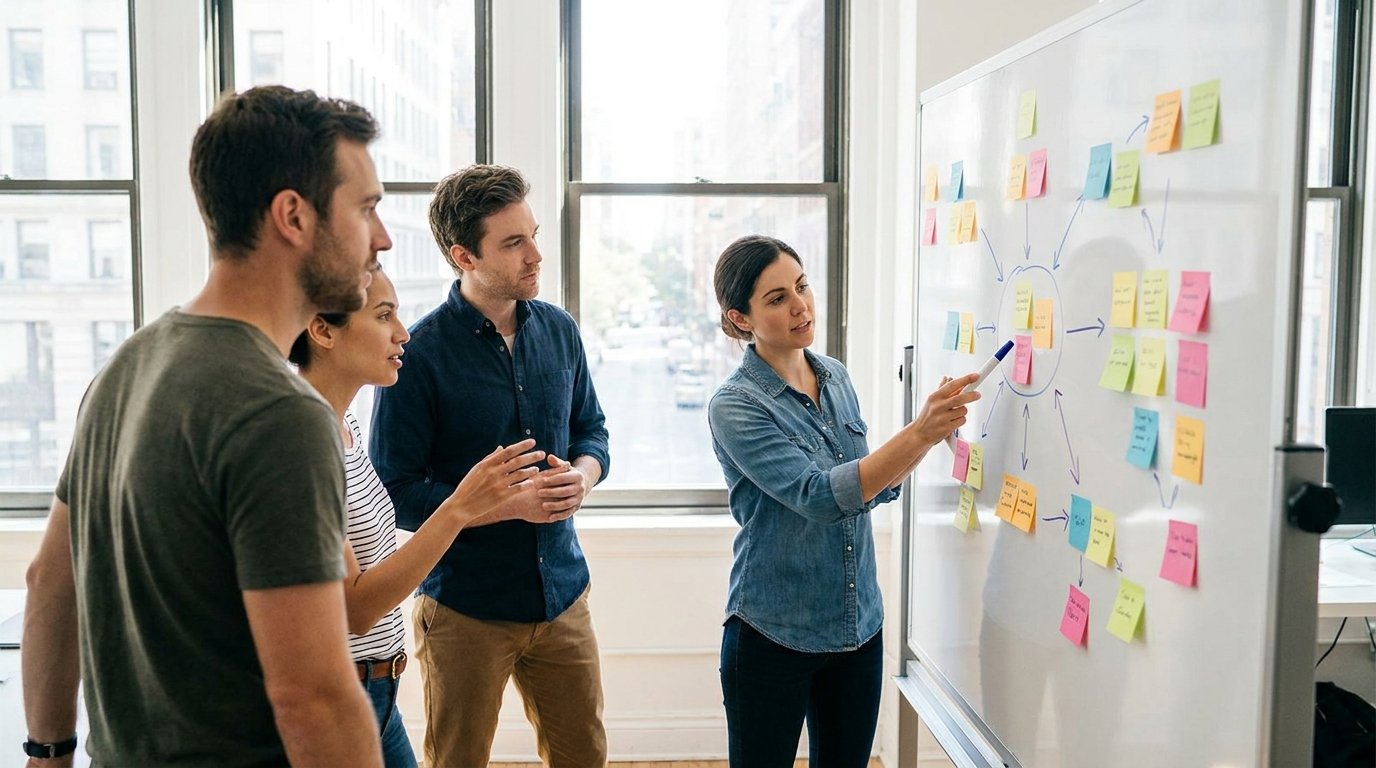 Team bespricht Arbeitsschritte an einem Whiteboard mit Ablaufdiagramm