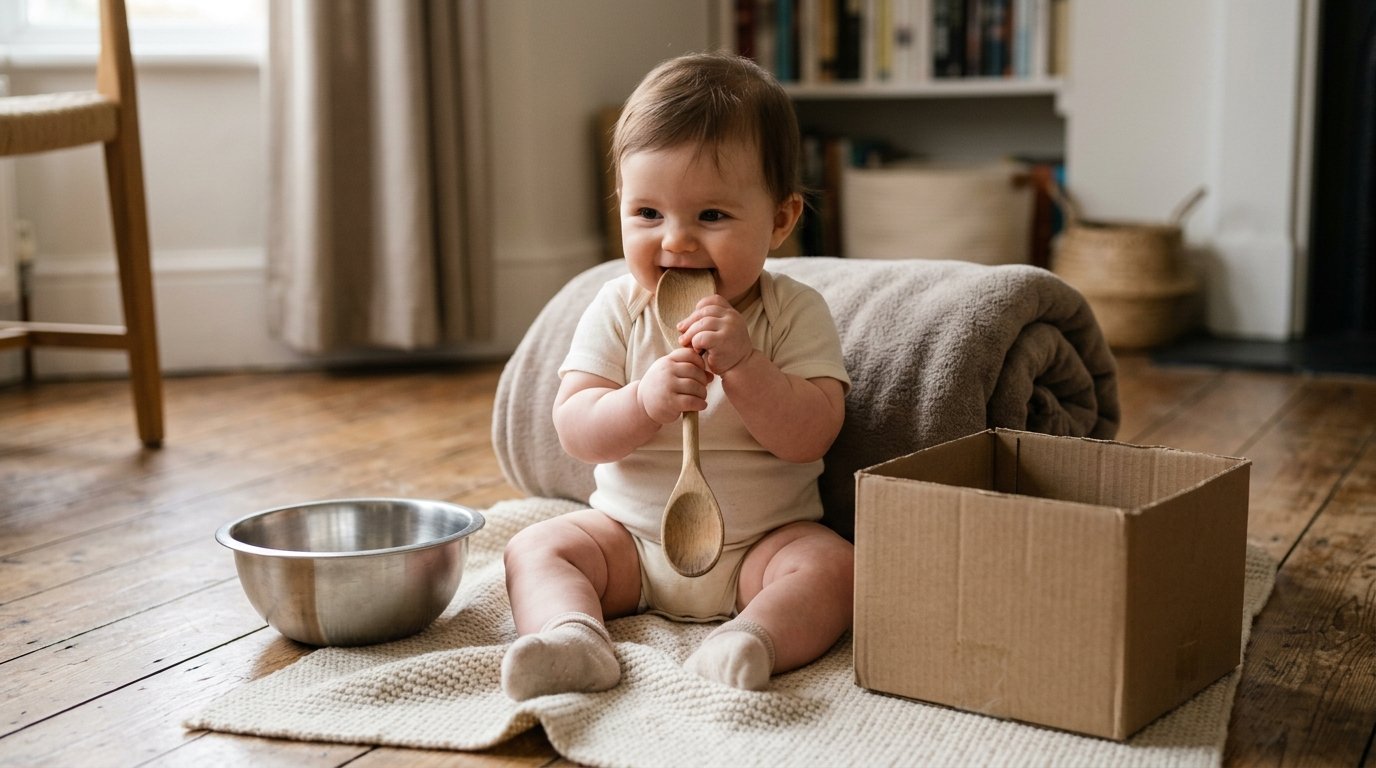 Baby sitzt auf einer Decke und untersucht einen Holzlöffel und eine Schachtel