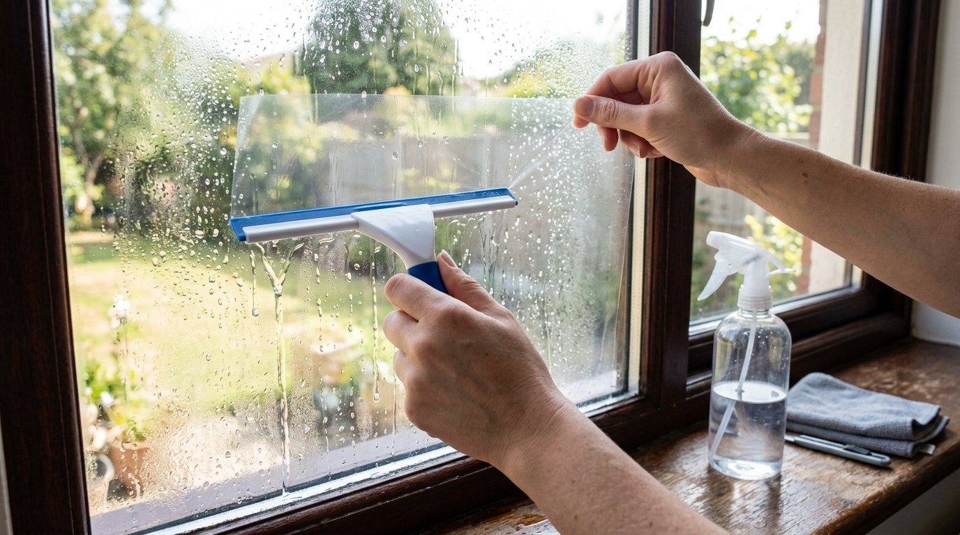 Person zieht eine Fensterfolie mit einem Rakel blasenfrei auf die Scheibe