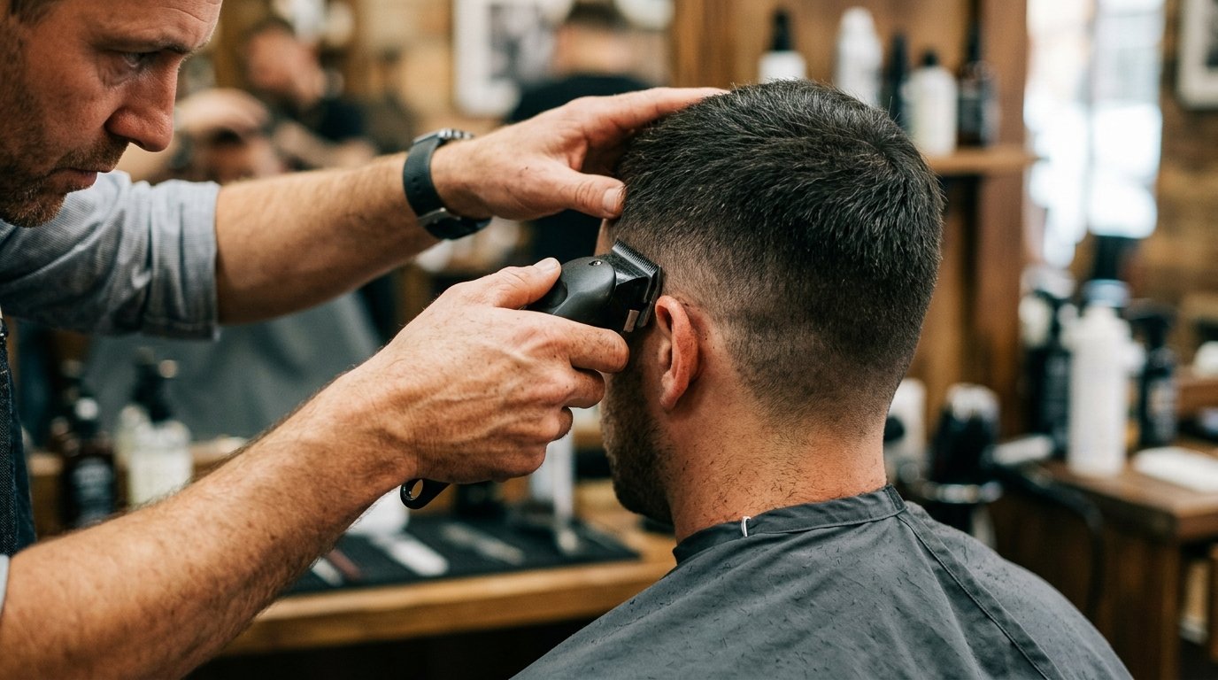 Barber arbeitet mit dem Haarschneider an der Seite