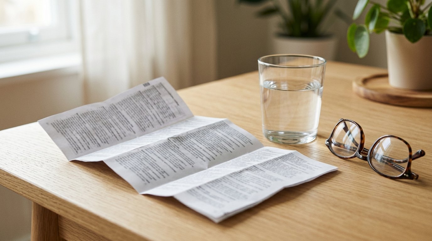 Aufgefalteter Beipackzettel, ein Glas Wasser und eine Lesebrille auf einem Tisch