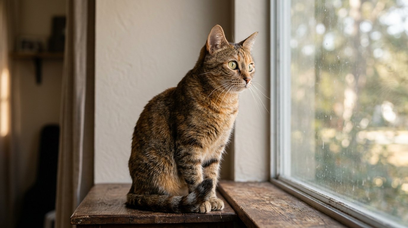 Katze beobachtet konzentriert eine Bewegung außerhalb des Bildes