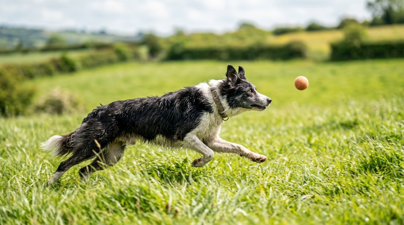 Hund verfolgt aufmerksam einen geworfenen Ball auf einer Wiese