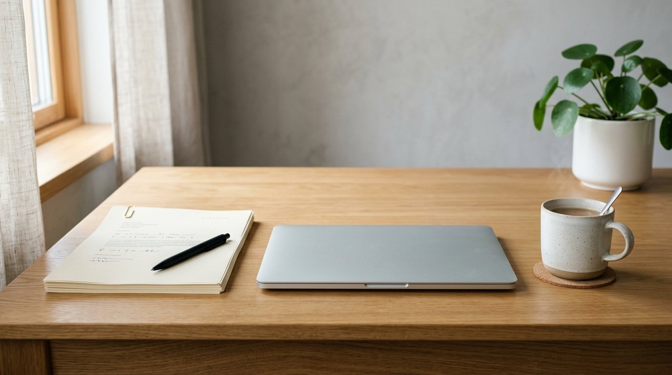 Bewerbungsunterlagen und Laptop auf einem Schreibtisch