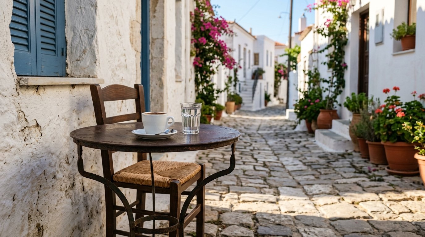 Griechisches Straßencafé am Vormittag mit Kaffee auf dem Tisch