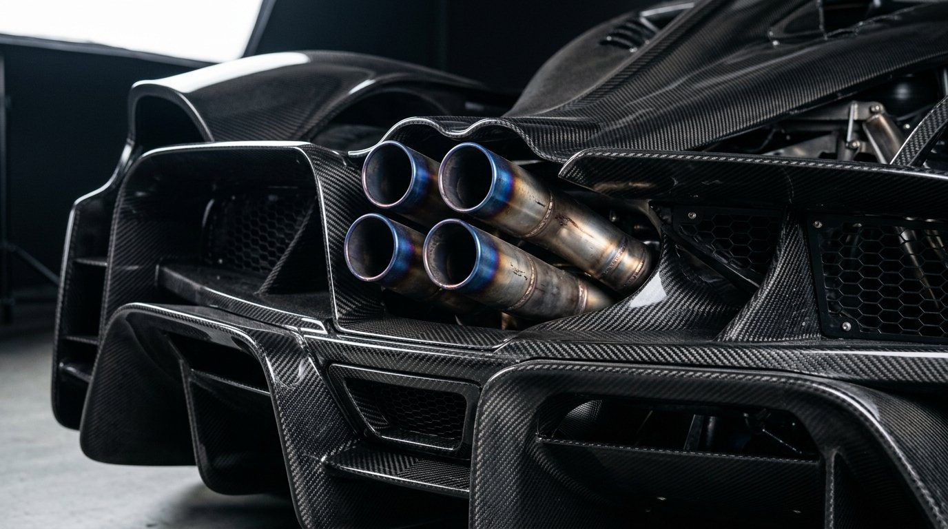 Detailaufnahme des Heckflügels und der Auspuffanlage eines Hypercars